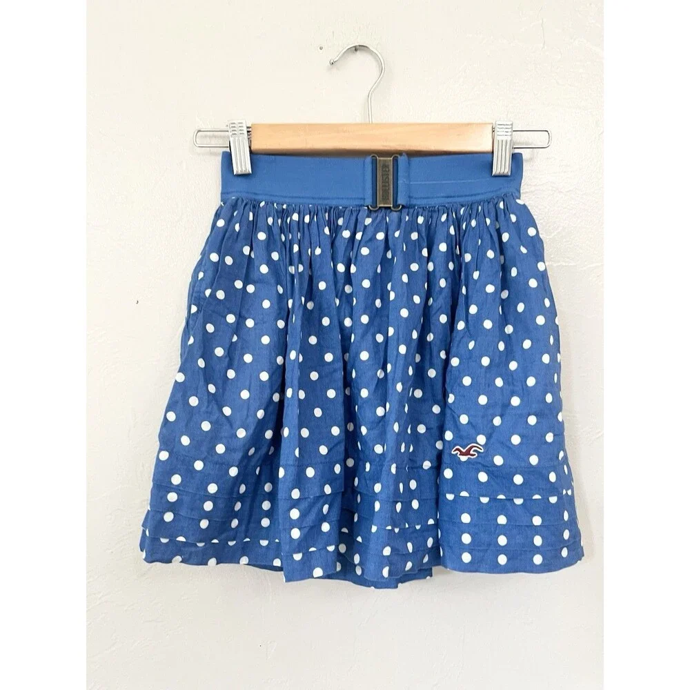 Hollister Blue Polka Dot Mini Pleated Skirt Size S Y2K Preppy Skater Whimsy